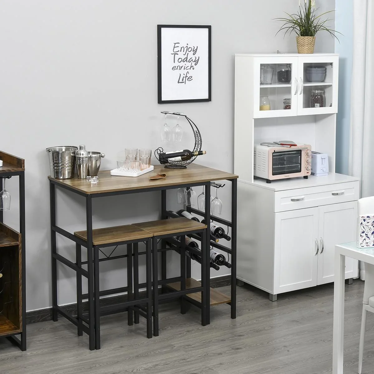 Bartisch-Set, Stehtisch mit 2 Barhockern, 3-teiliges Tischset Küchentresen mit Flaschenhalterung Spanplatte, Stahl, Natu - 0