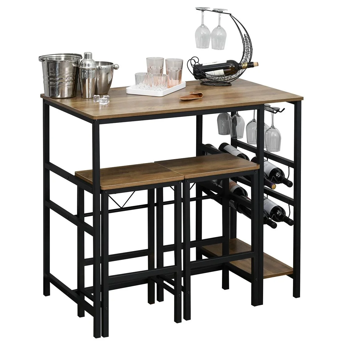 Bartisch-Set, Stehtisch mit 2 Barhockern, 3-teiliges Tischset Küchentresen mit Flaschenhalterung Spanplatte, Stahl, Natu - 1