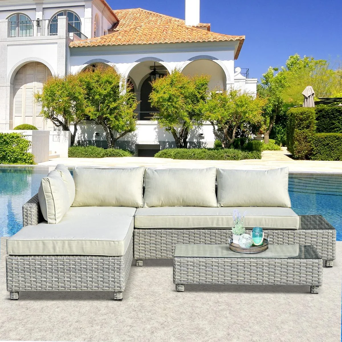 3-teiliges Polyrattan-Gartenmöbel-Lounge-Set mit Beistelltisch-Kissen Grau+Beige - 3