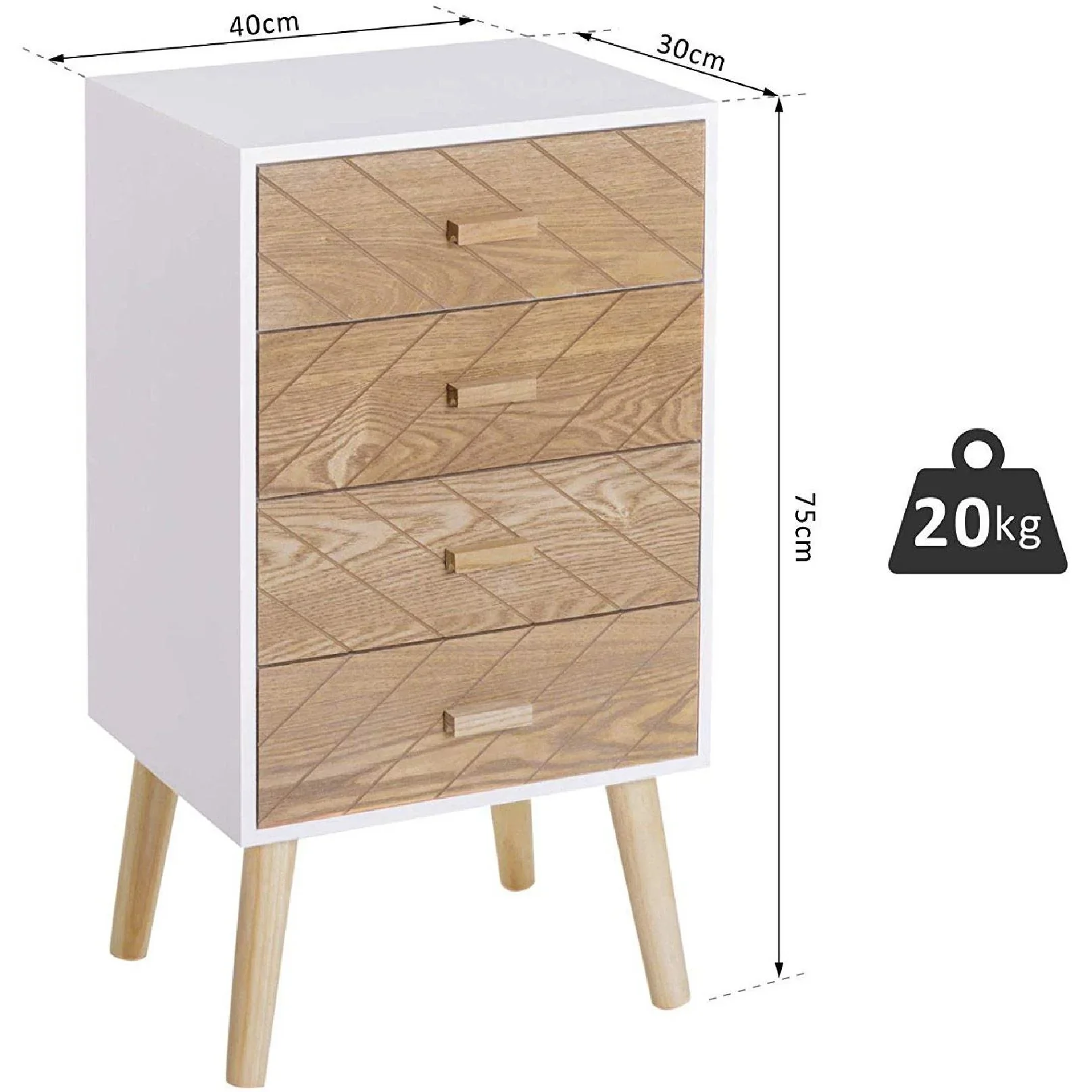 Nachttisch Nachtkommode Flurkommode mit 4 Schubladen Holz weiß+natur 40 x 30 x 75 cm - 0