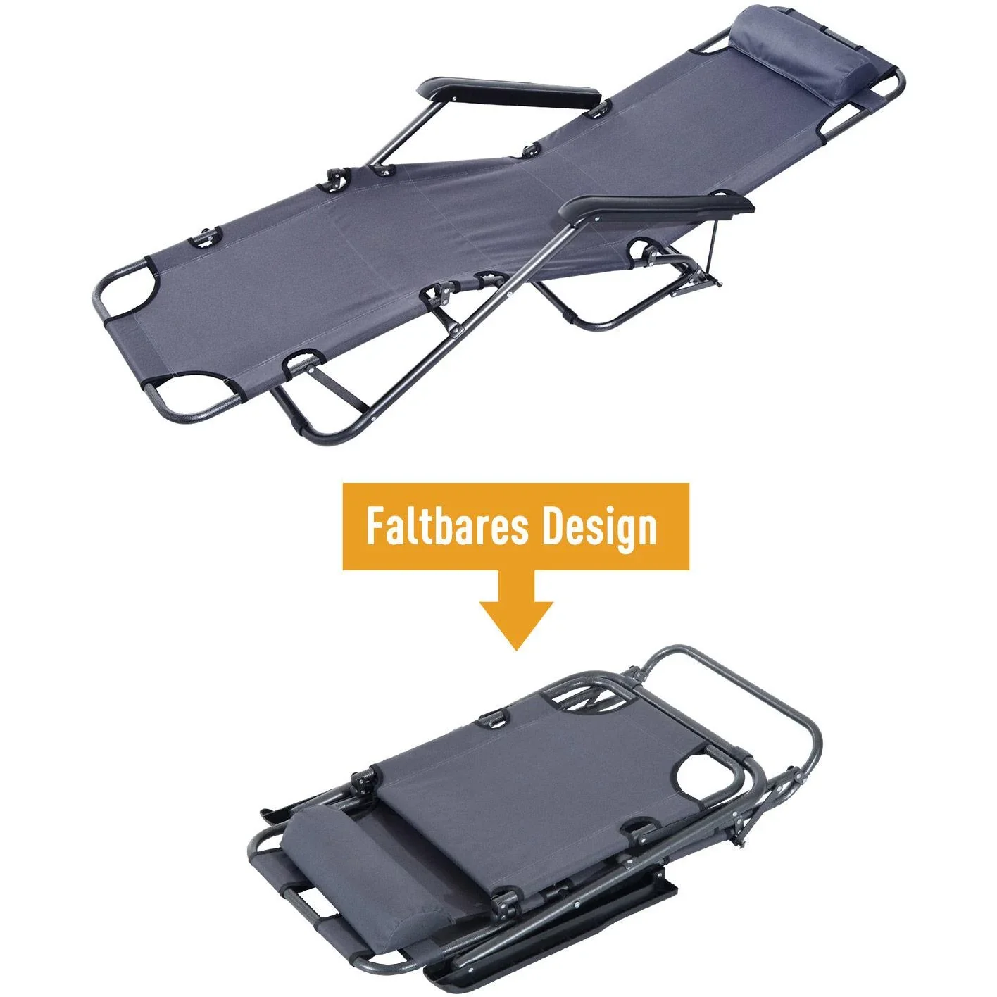 Sonnenliege Strandliege Gartenliege Relaxliege klappbar mit Kissen Strand Metall + Oxfordstoff Grau 135 x 60 x 89 cm - 4
