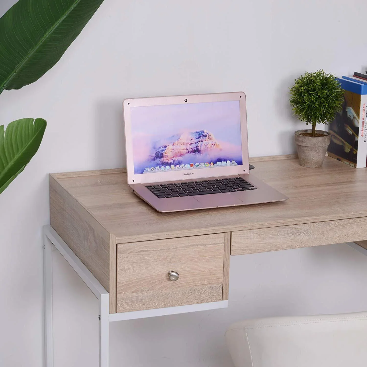 Schreibtisch Computertisch Laptoptisch Bürotisch 3xSchublade verstellbar Holz+Metall Natur+Weiß 114x55x77cm - 0