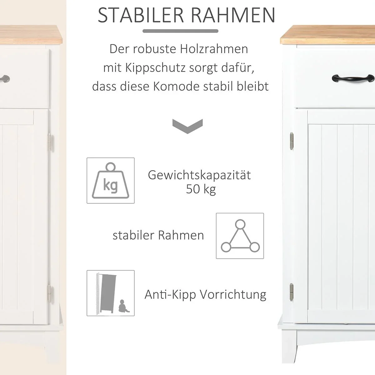 Küchenschrank Sideboard mit 2 Schubladen, Kommode verstellbaren Ablagen, Aufbewahrungsschrank, Holz, Weiß, 74 x 40 x 91, - 1