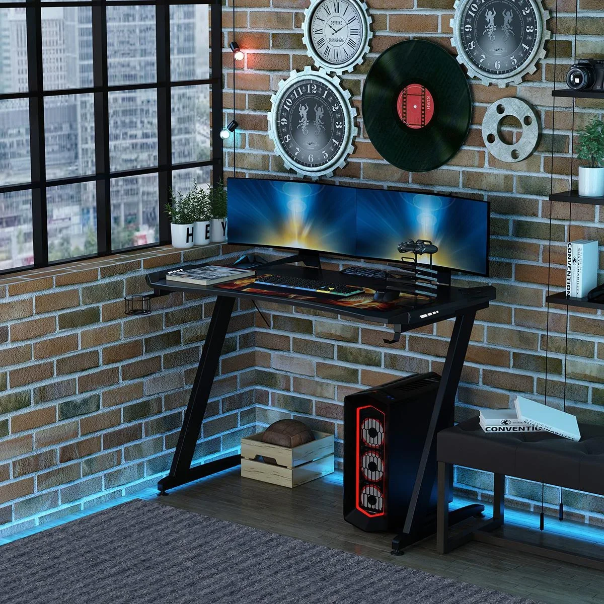 Computertisch Spieltisch mit LED-Licht Schreibtisch mit Becherhalter Kopfhörerhaken Z-förmiger Bürotisch MDF Metall ABS - 1