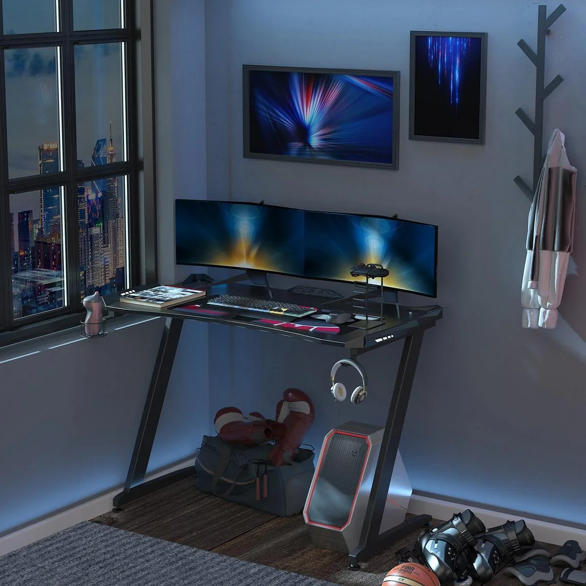 Computertisch Spieltisch mit LED-Licht Schreibtisch mit Becherhalter Kopfhörerhaken Z-förmiger Bürotisch MDF Metall ABS - 2
