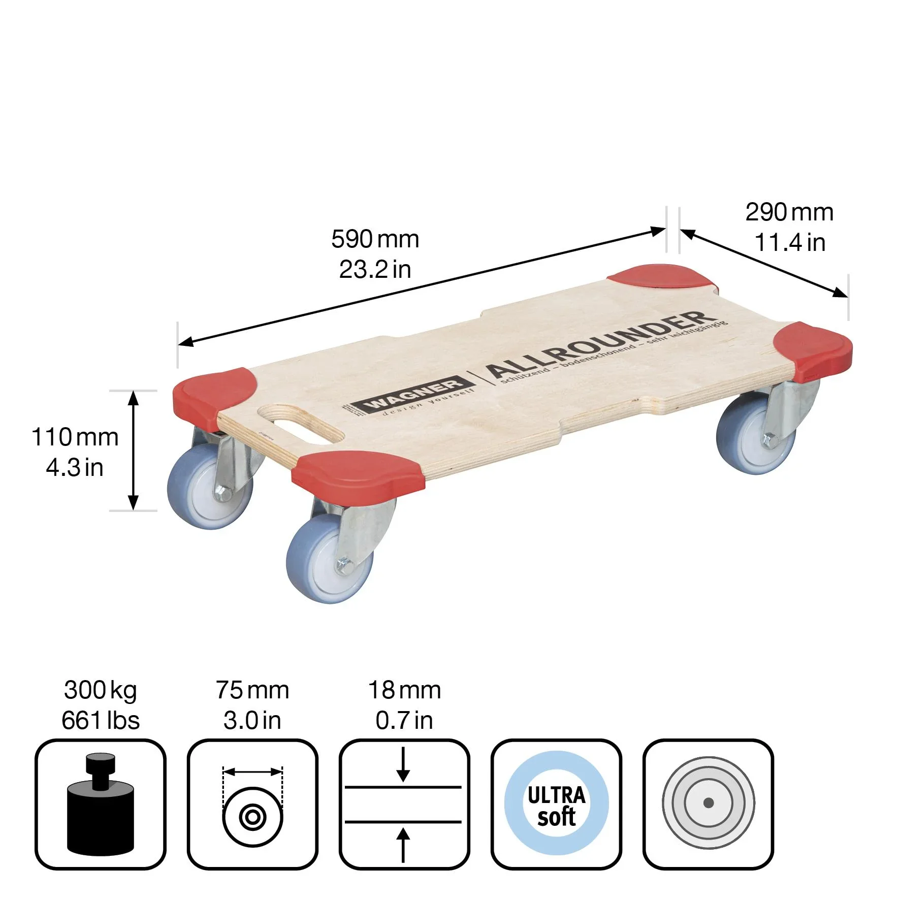 Transporthilfe MM 1322, 59 x 29 x 11 cm, softe Rollen Ø 80 mm Kugellager, Kantenschutz Multiplex FSC®, Tragkraft 400 kg - 3
