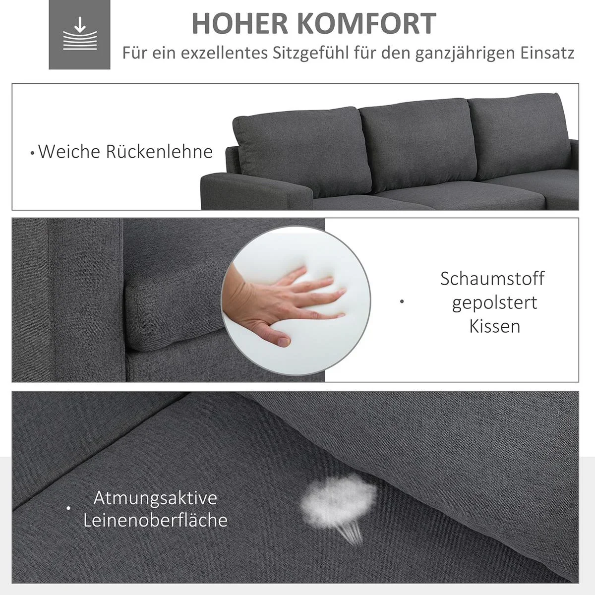 Ecksofa Stoffsofa Eckcouch Couchgarnitur mit Chaiselongue L-Form Leinen Grau - 0
