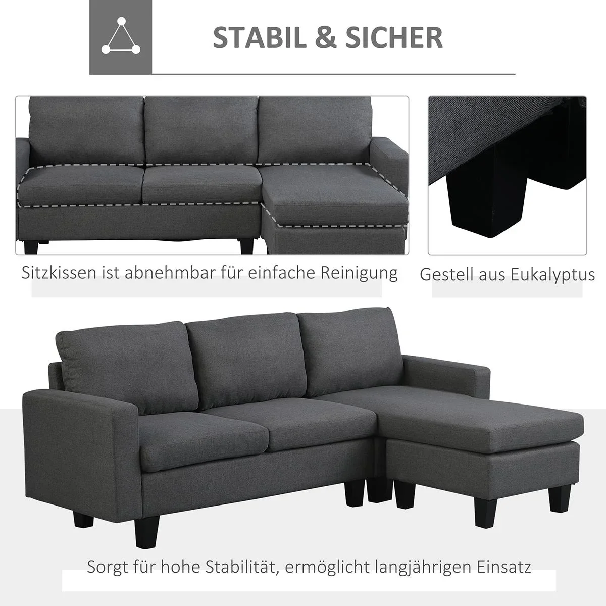 Ecksofa Stoffsofa Eckcouch Couchgarnitur mit Chaiselongue L-Form Leinen Grau - 1