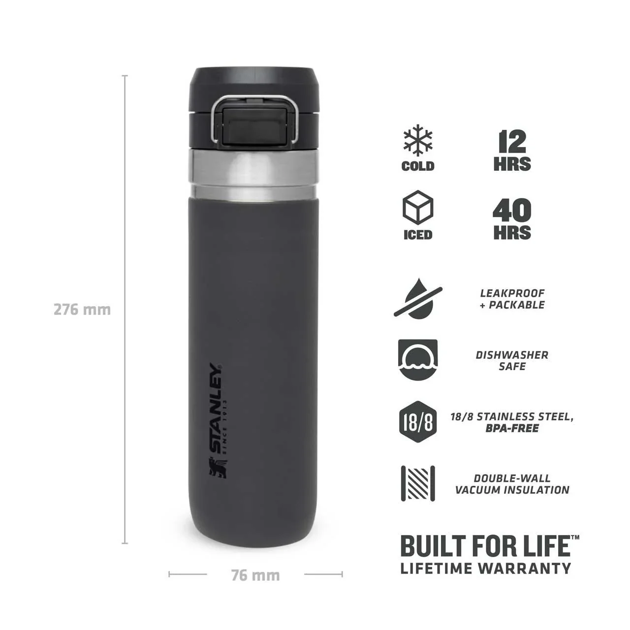 Quick Flip Water Bottle 0,7 l, Charcoal, Vakuumisolierung, Sicherheitsverschluss - 5