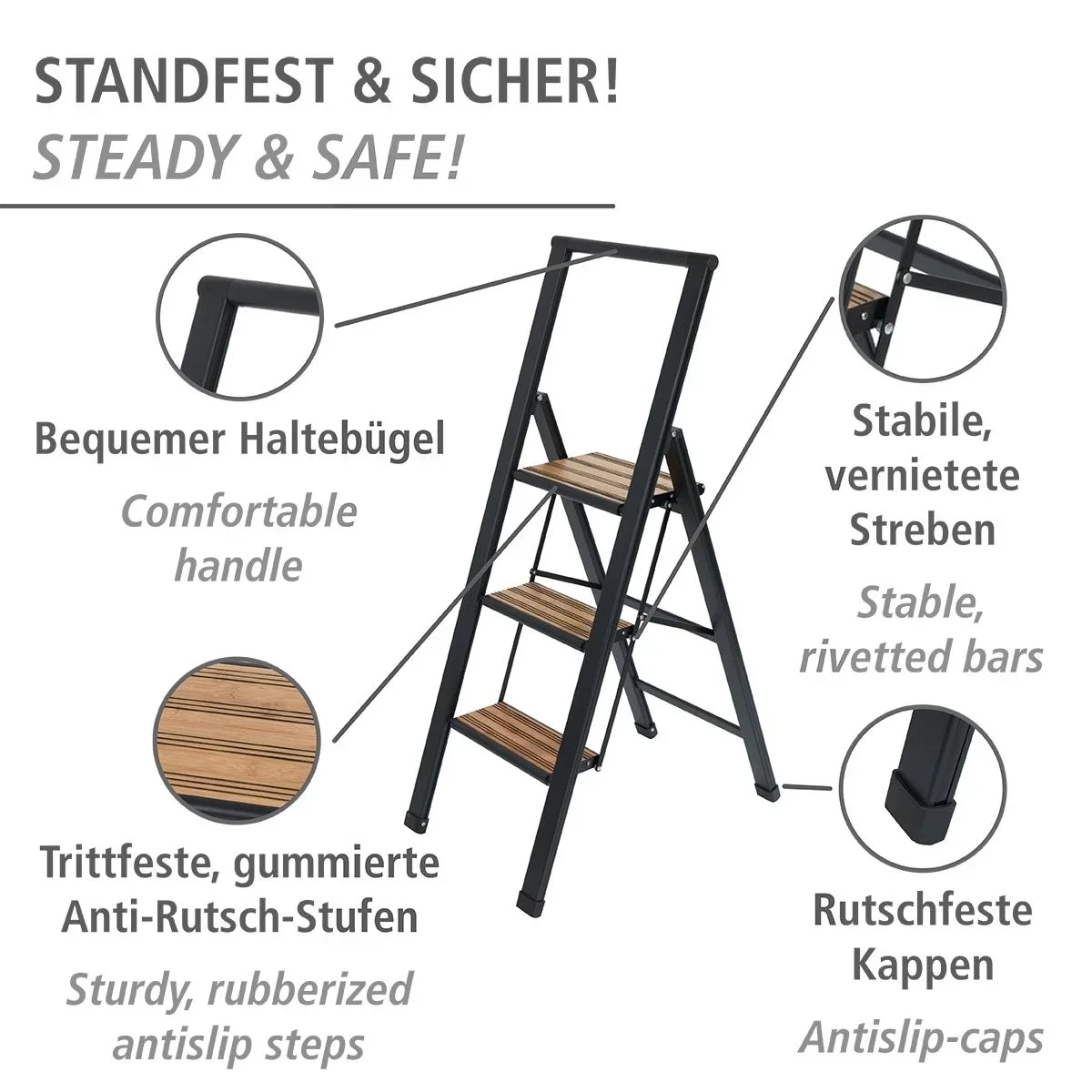 Alu-Design Klapptrittleiter 2-stufig Schwarz, rutschfeste Haushaltsleiter, Sicherheits-Stehleiter - 6