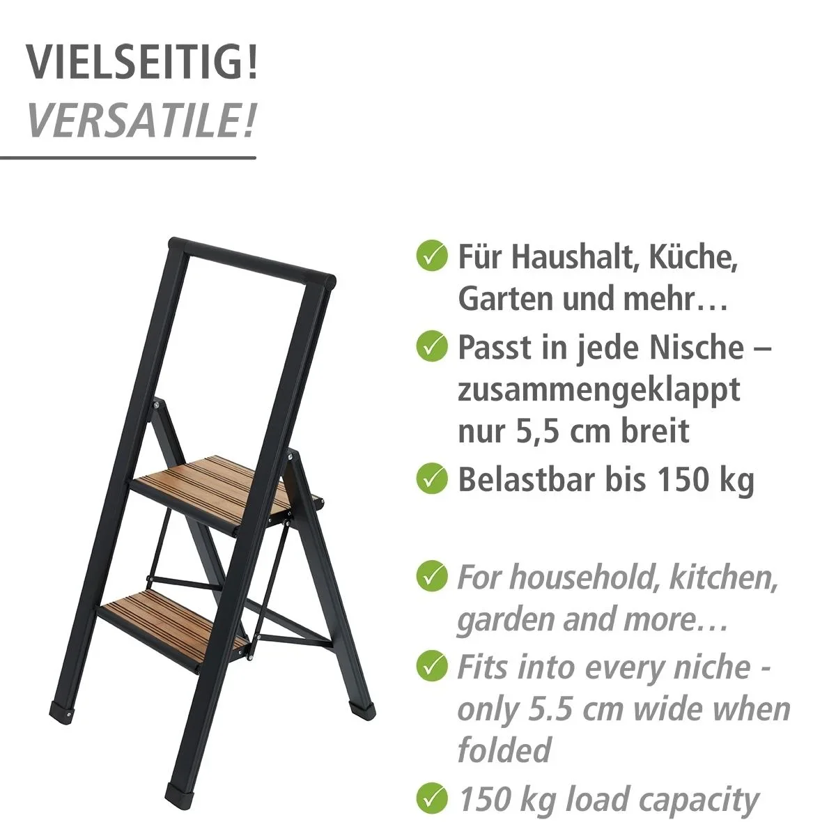 Alu-Design Klapptrittleiter 2-stufig Schwarz, rutschfeste Haushaltsleiter, Sicherheits-Stehleiter - 8