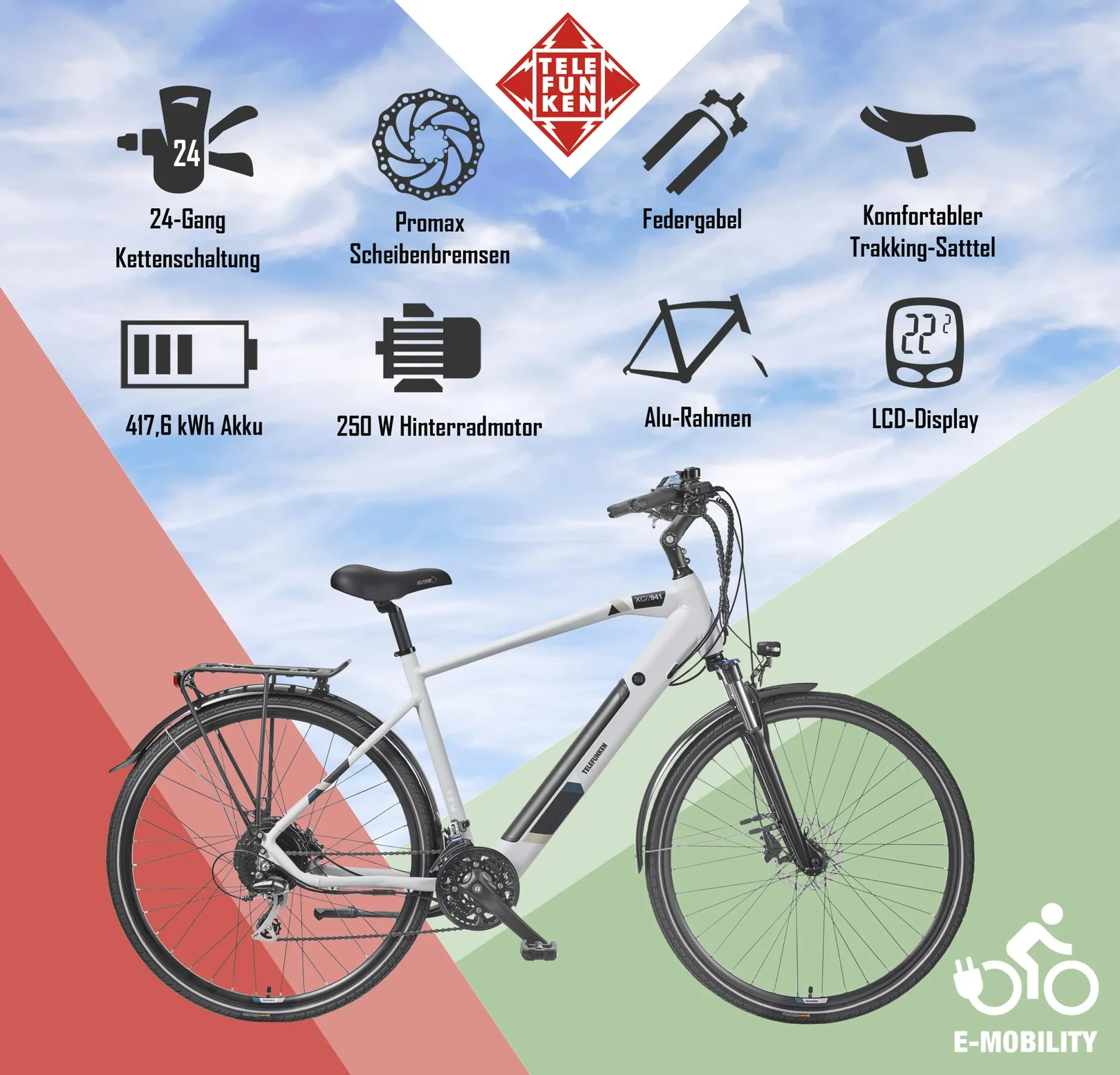 Herren Alu Trekking E-Bike, 28 Zoll, Rahmenhöhe 50 cm, 24-Gang Kettenschaltung, kreide, XC941 Expedition - 1