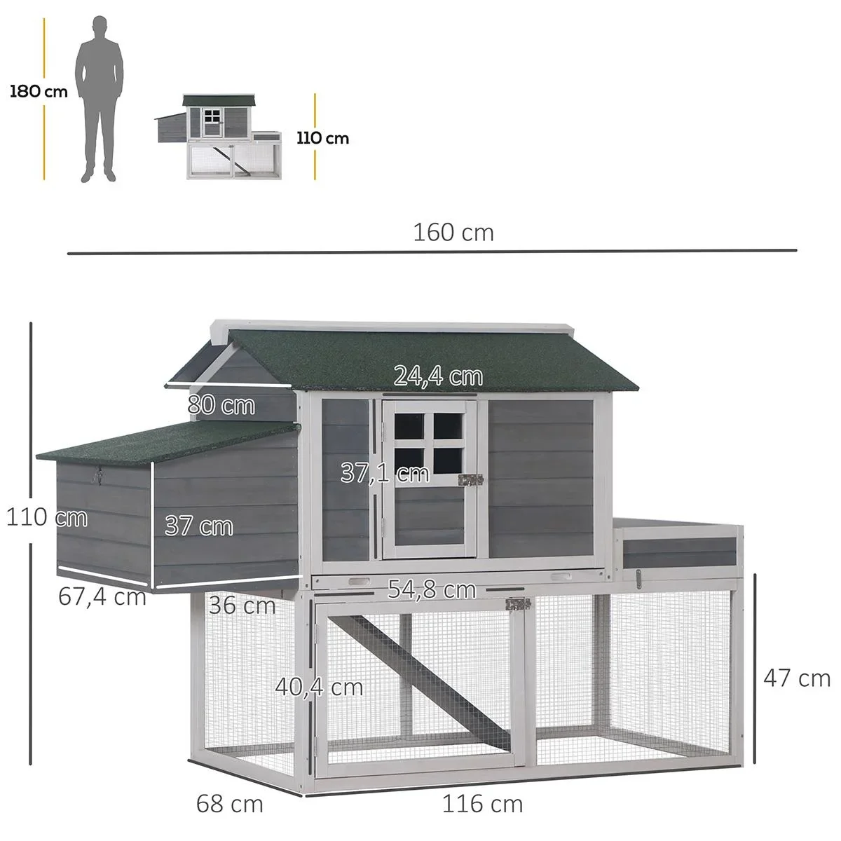 Hühnerstall Hühnerhaus mit Nistkasten Pflanzkasten Grau Tannenholz Metalldraht Asphalt 160 x 80 x 110 cm - 0