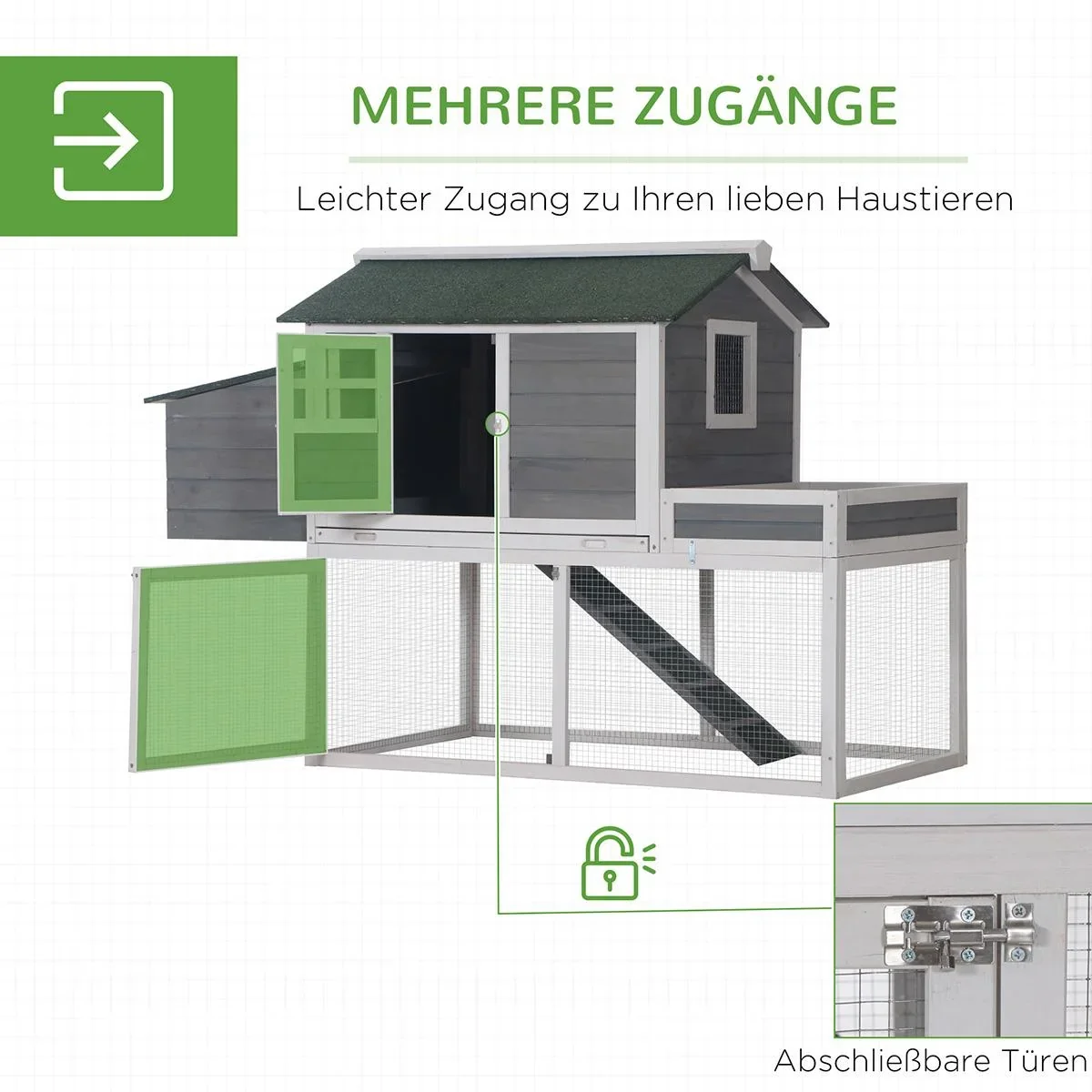 Hühnerstall Hühnerhaus mit Nistkasten Pflanzkasten Grau Tannenholz Metalldraht Asphalt 160 x 80 x 110 cm - 1