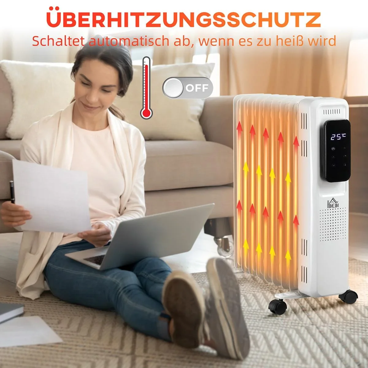 Ölradiator tragbar elektrisch Heizkörper 1830-2180W 3 Heizstufen 24-Stunden-Timing mit 4 Rollen Stahl 42,5 x 24 x 63 cm - 2