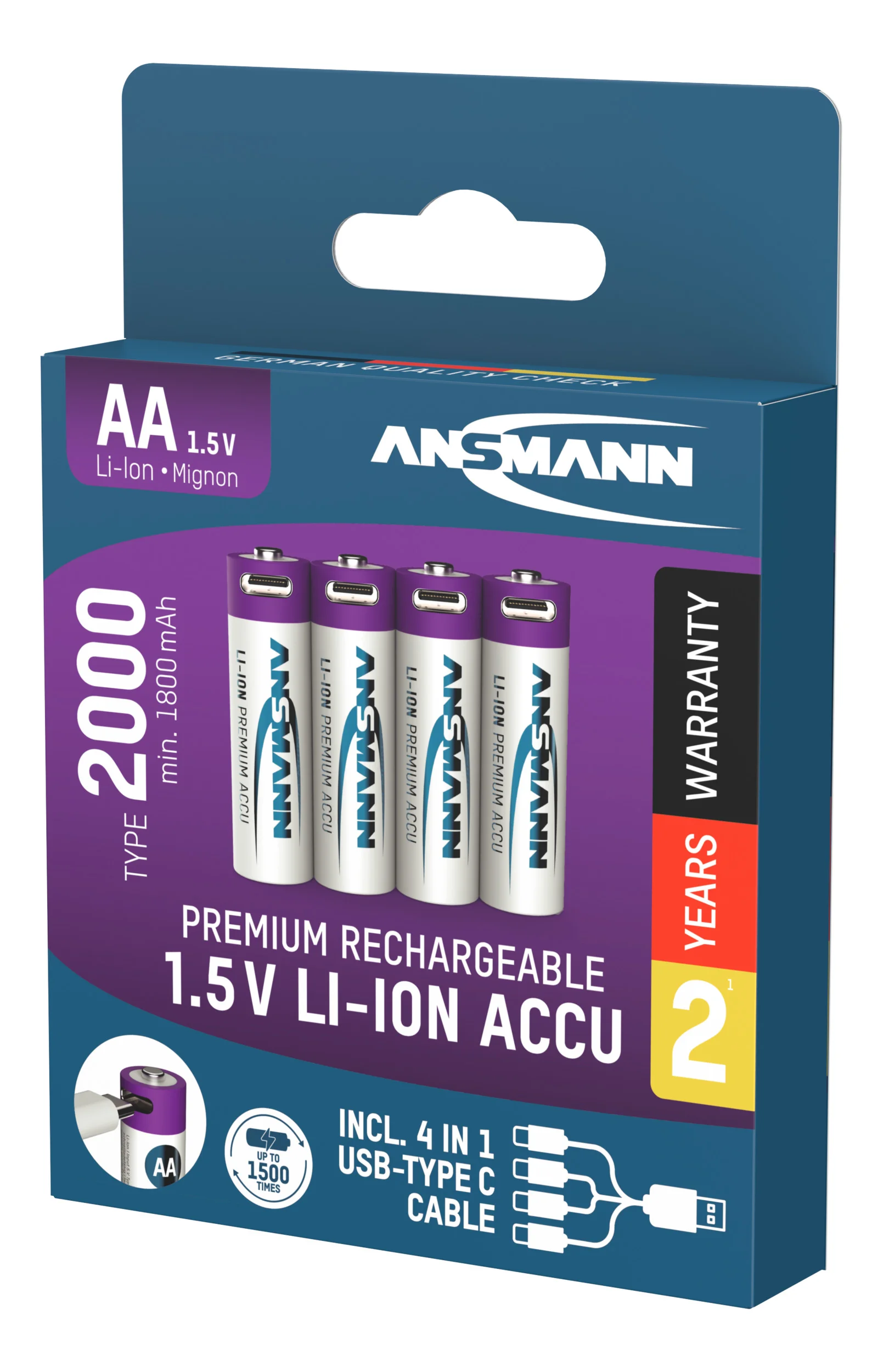 Lithium Ionen Mignon (AA) Akkus USB-C - 4 Stück, Sicherheitsabschaltung - 7