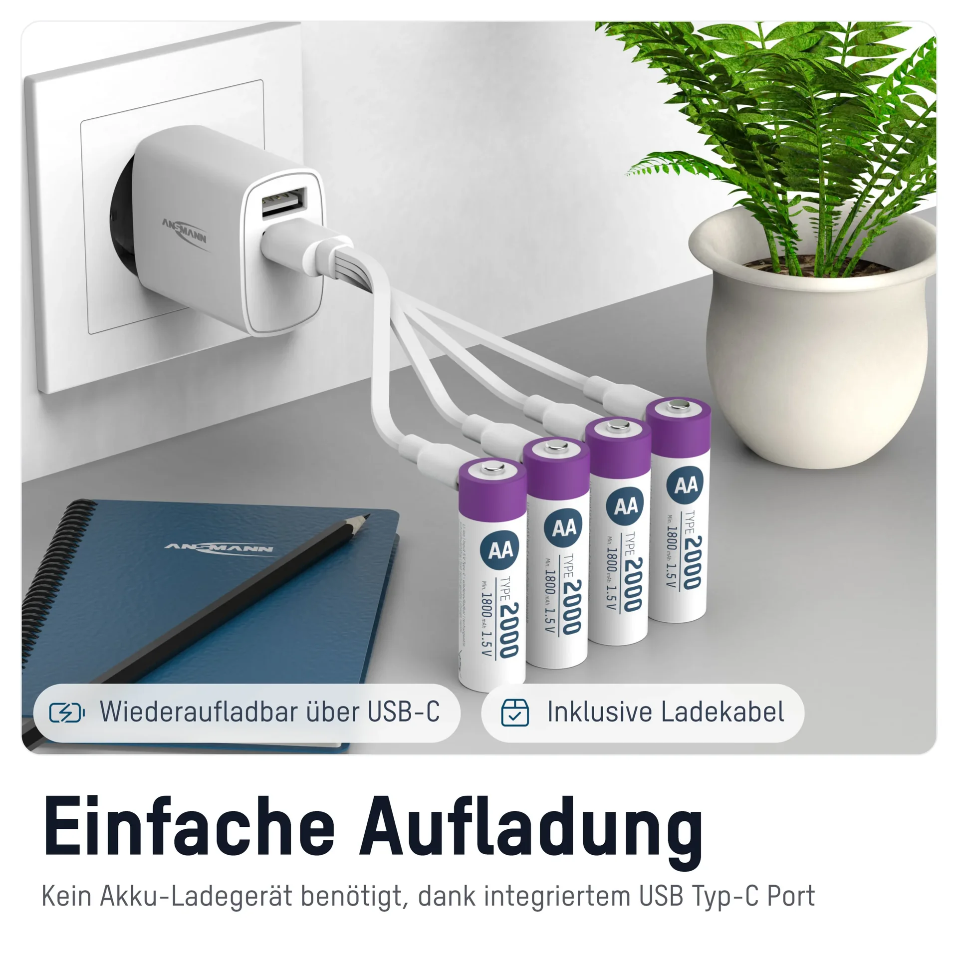 Lithium Ionen Mignon (AA) Akkus USB-C - 4 Stück, Sicherheitsabschaltung - 8