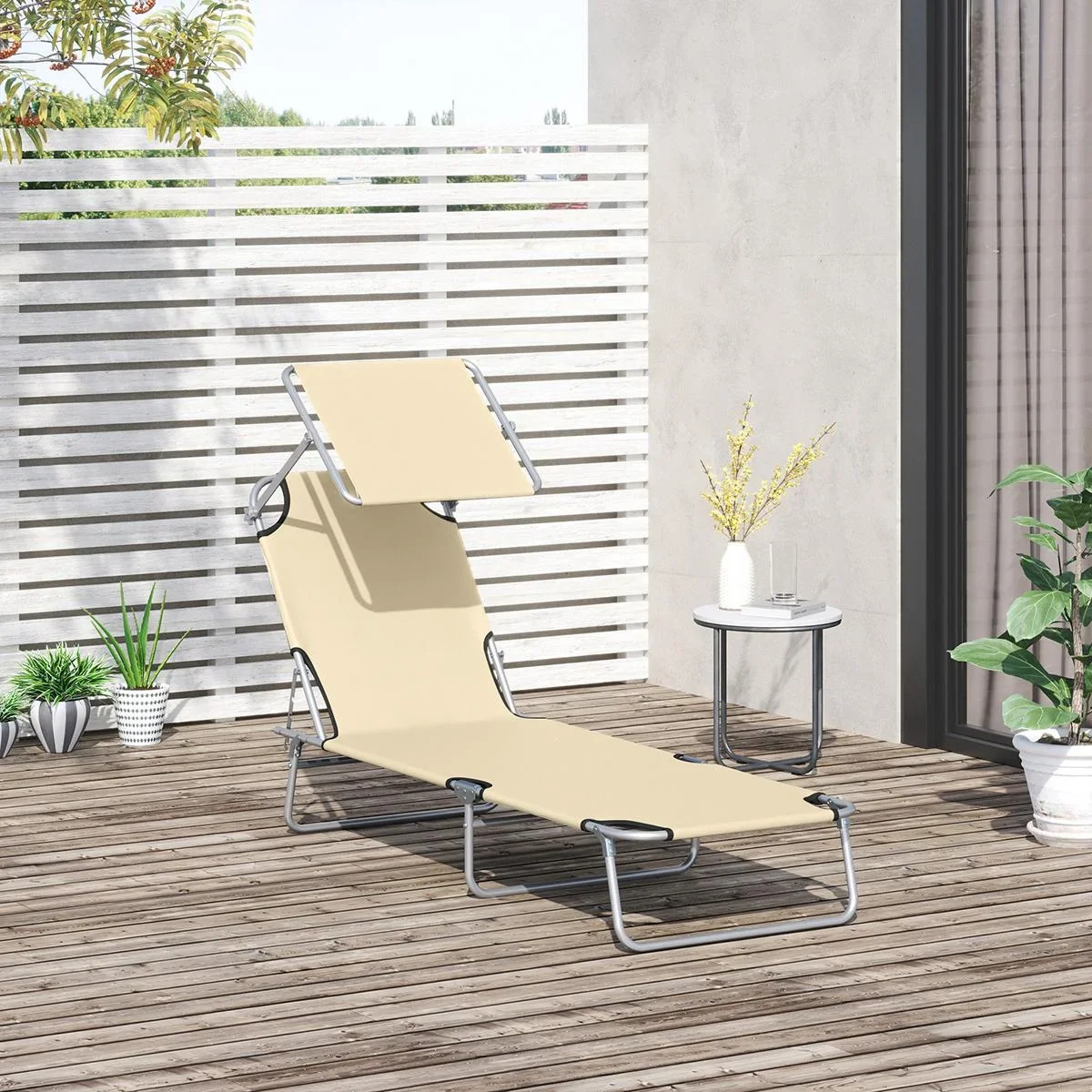 Gartenliege - klappbar - mit Sonnenschirm - Beige - 187 x 58 x 36 cm - 0