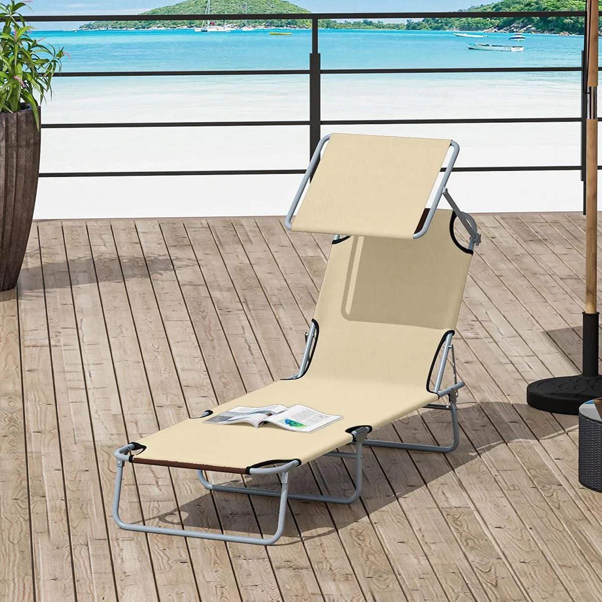 Gartenliege - klappbar - mit Sonnenschirm - Beige - 187 x 58 x 36 cm - 3