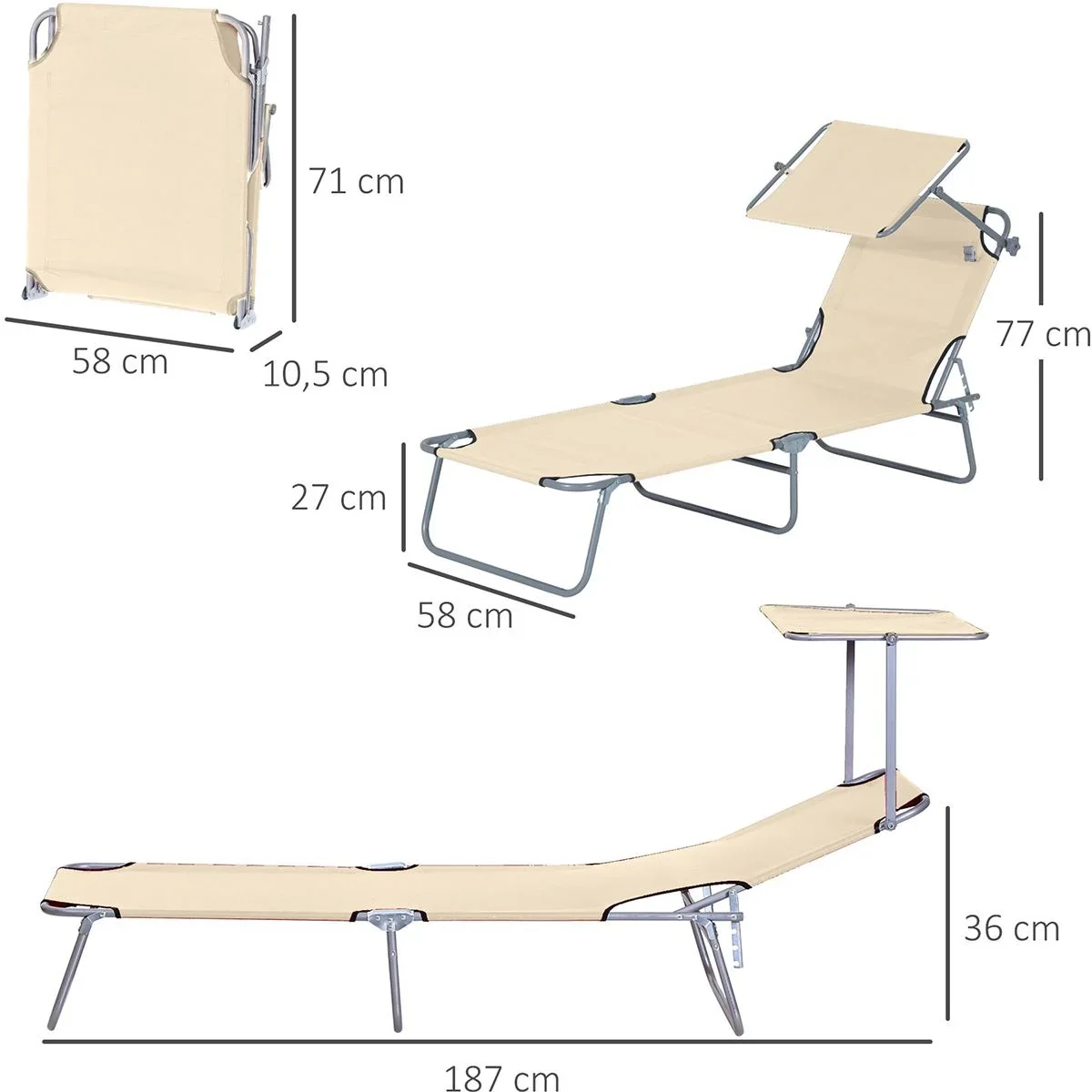 Gartenliege - klappbar - mit Sonnenschirm - Beige - 187 x 58 x 36 cm - 4