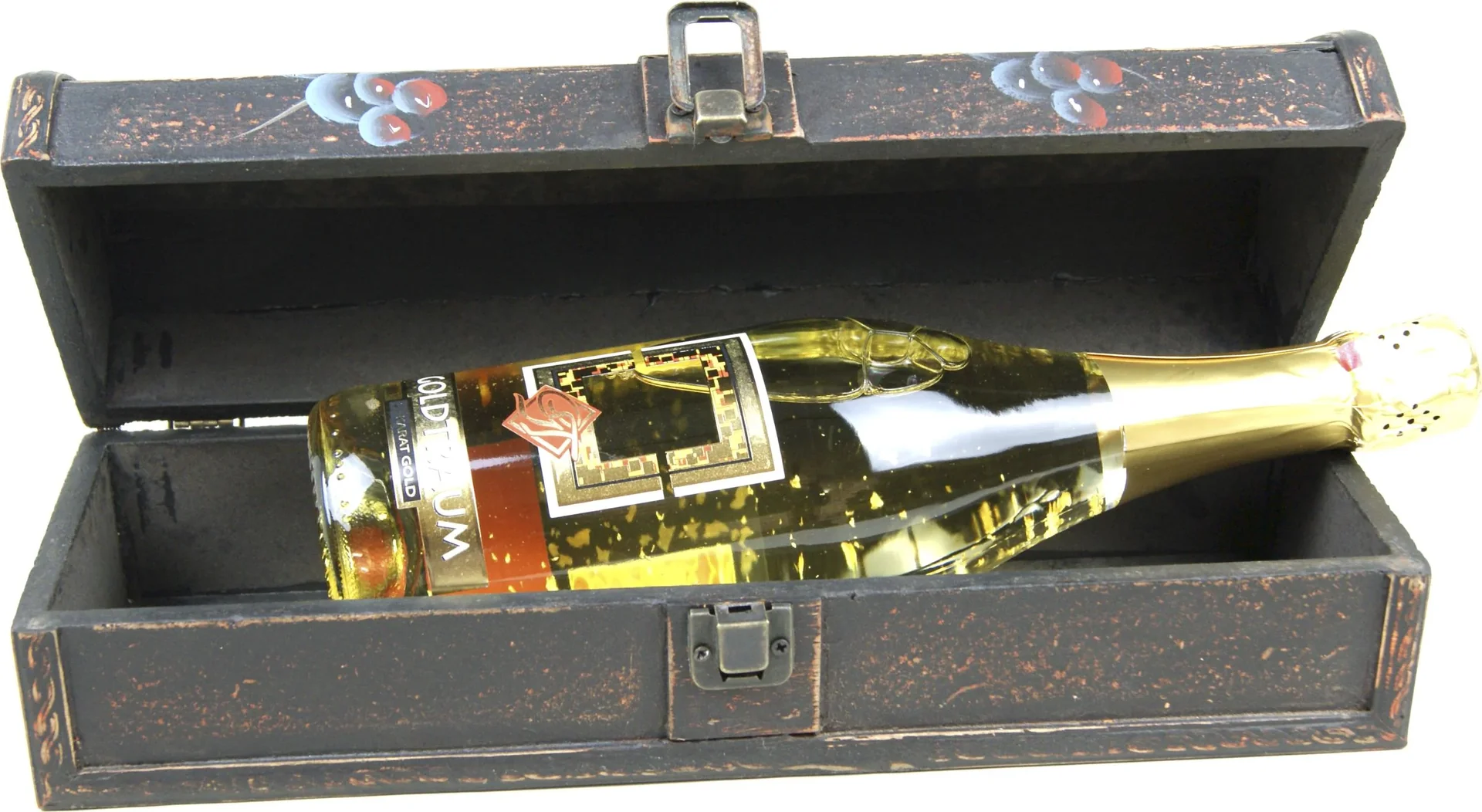 Geschenk-Box aus Holz mit Griff und 1 Flasche Goldtraum, 750 ml - 2