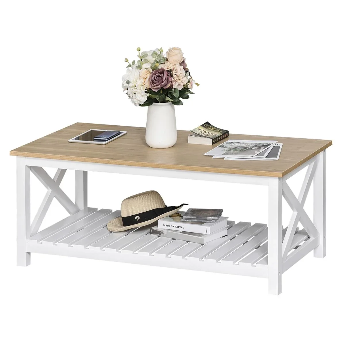 Beistelltisch Couchtisch Kaffeetisch stabiler Teetisch Wohnzimmertisch Bauernhausstil MDF Natur+Weiß 116 x 60 x 48 cm - 2