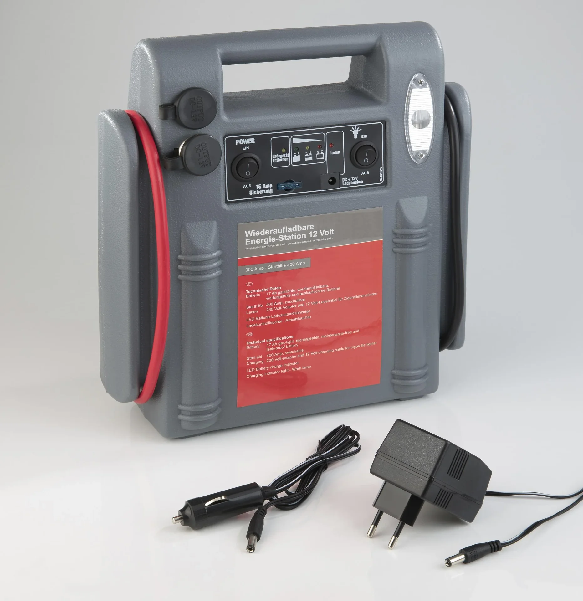 Powerpack 900 A - 15 AH - 12 Volt - 3 in 1 - Starthilfe - Arbeitsleuchte - Energie-Station - 7