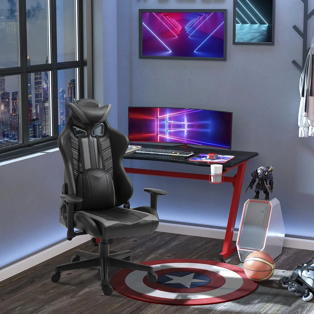 Gamingstuhl mit Wippenfunktion Bürostuhl höhenverstellbar 160° Neigungswinkel Schaumstoff Kunstleder Nylon Schwarz+Grau - 1