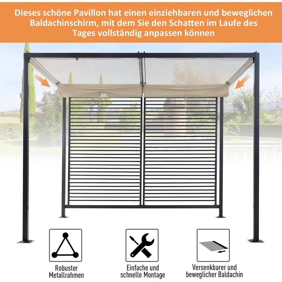 Pavillon, Pergola mit einstellbarem Stoffdach, Partyzelt, Überdachung, Polyester, Beige, 300 x 280 x 238 cm - 0