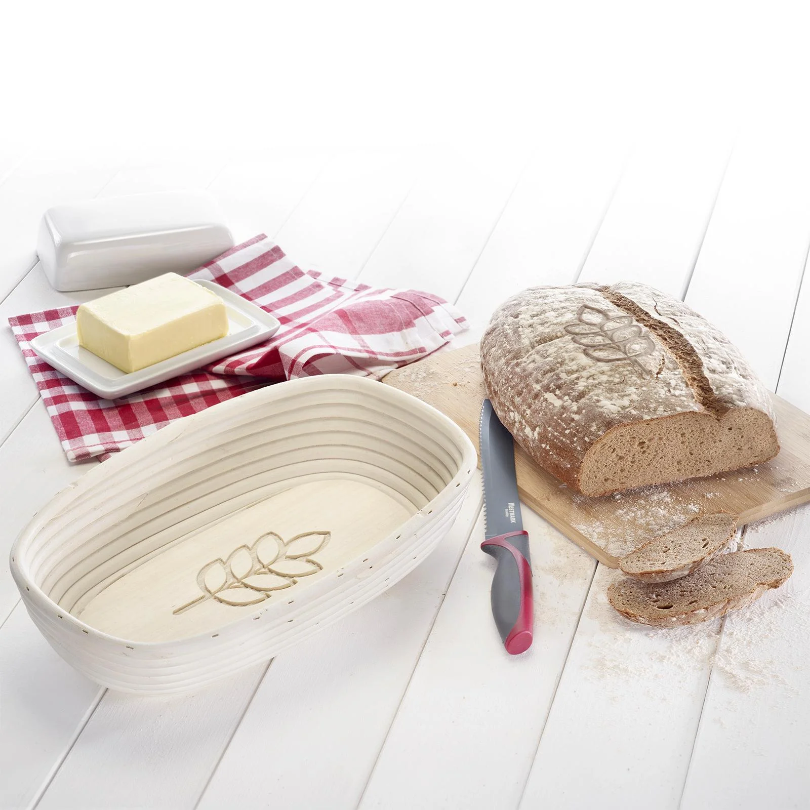 Peddigrohr-Gärkörbchen mit Holzboden und Motiv und praktischen Bezügen - 1