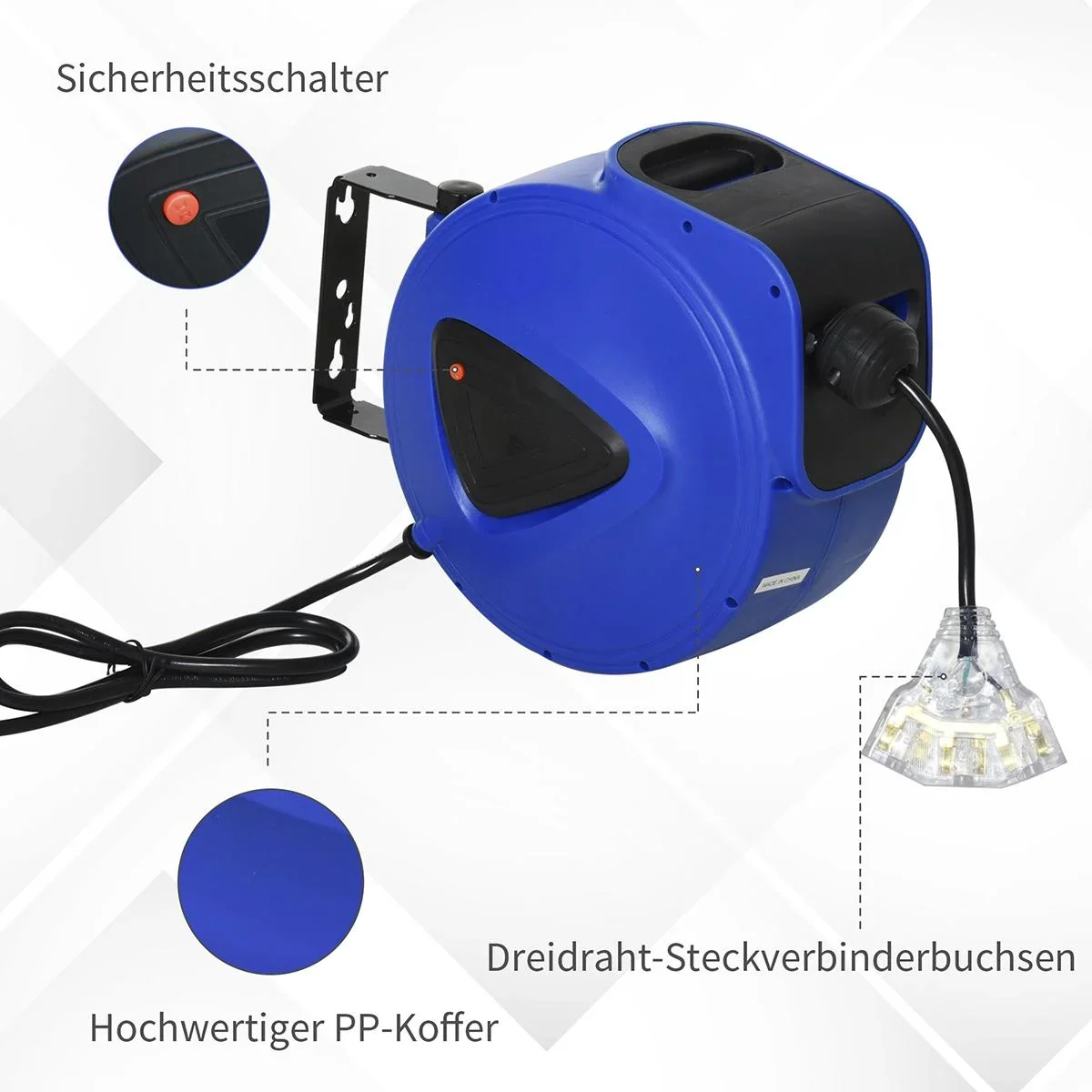 Kabeltrommel 20 m+1.3 m Leitung Automatik Kabelaufroller Outdoor Aufroll stromkabel drehbar Wandhalterung, PP, Gummi, Me - 2