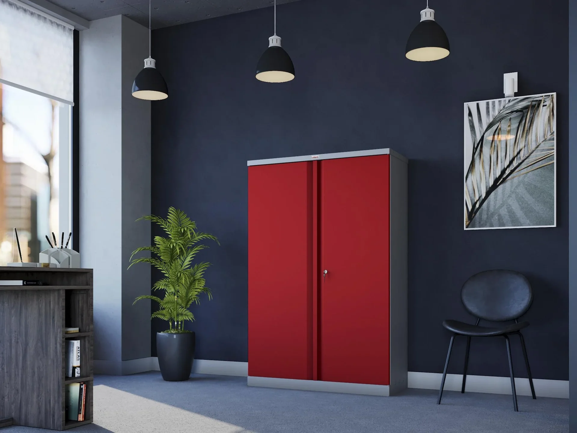 Aufbewahrungsschrank SCL-Serie aus Stahl mit 2 Türen und 3 Regalen mit Schlüsselschloss, grau-rot - 2