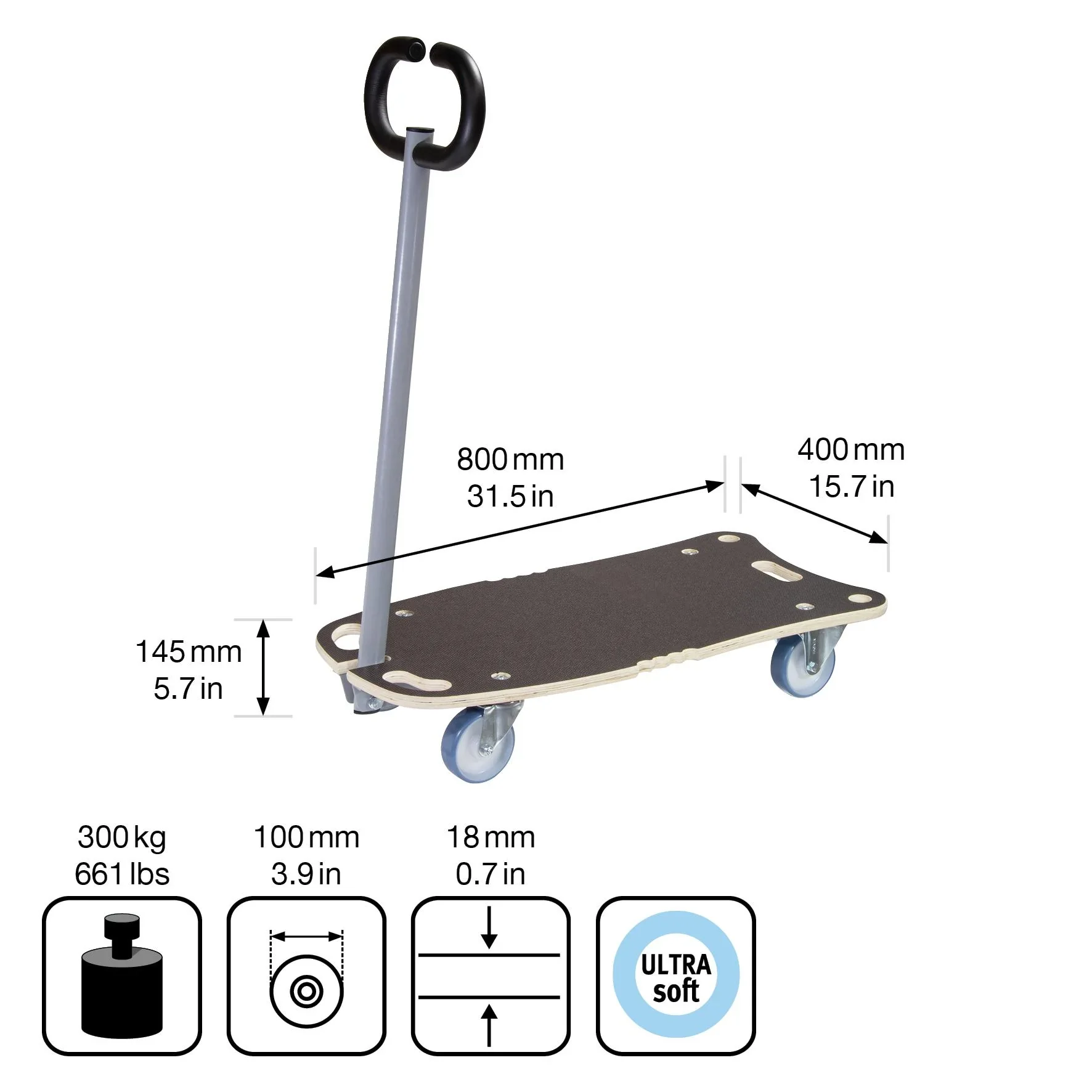 Transporthilfe MM 1187, 80 x 40 x 14,5 cm, softe Rollen Ø 100 mm, Rollenlager, Multiplex FSC®, Tragkraft 300 kg - 3
