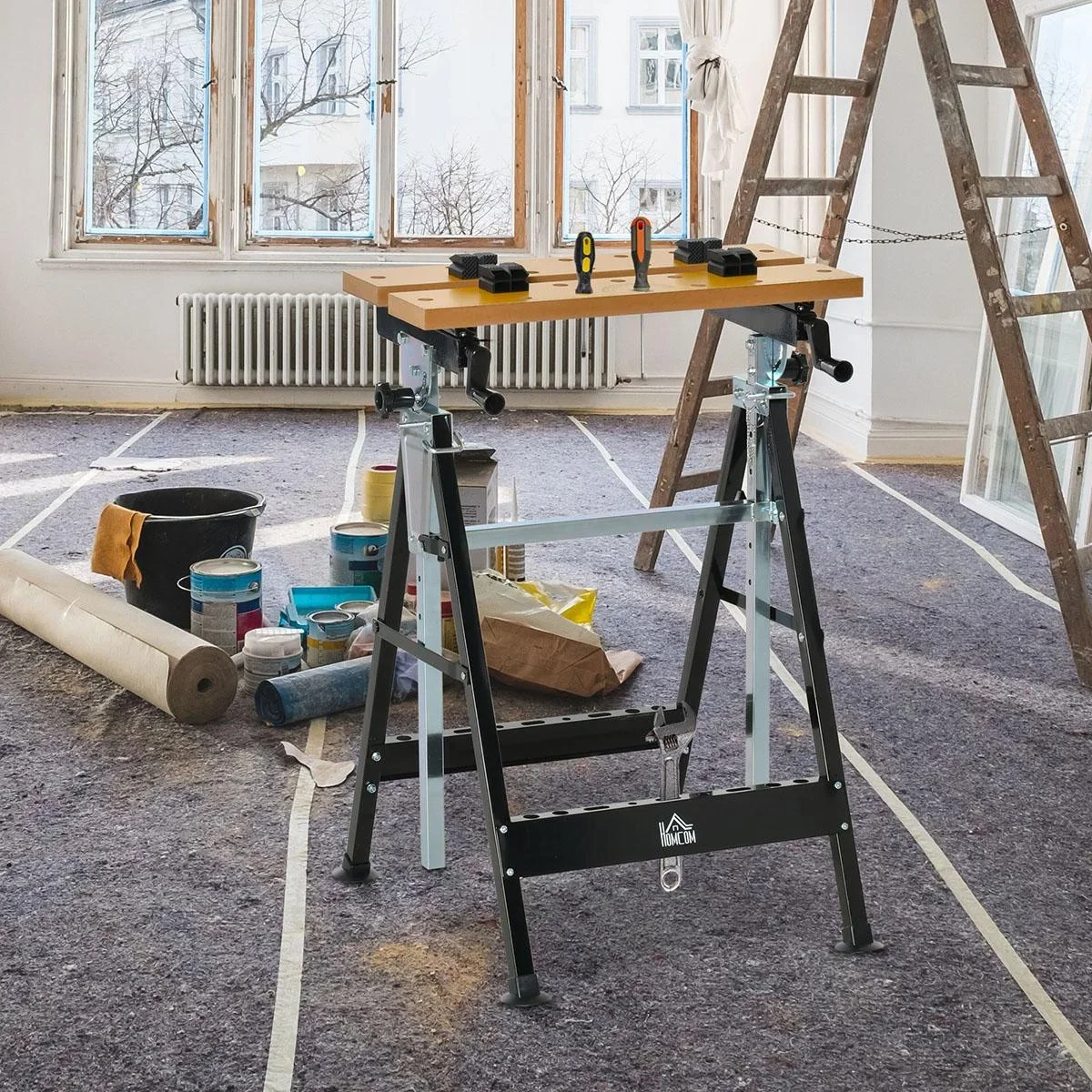 Werkbank mit Winkeleinstelltabelle Werktisch Arbeitstisch Arbeitsplatte höhenverstellbarer Tisch Eisen MDF Beige + Schwa - 0