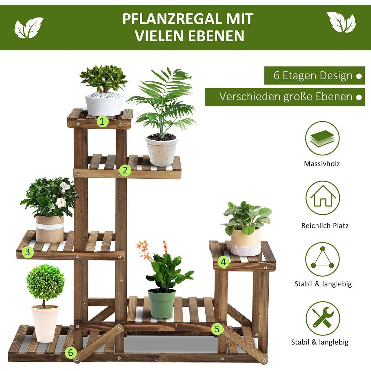 Pflanzenregal 6 Ebenen Vierstufiges Blumenregal Blumentreppe Blumenständer Blumenleiter Massivholz Natur 98 x 28 x 96,5 - 2