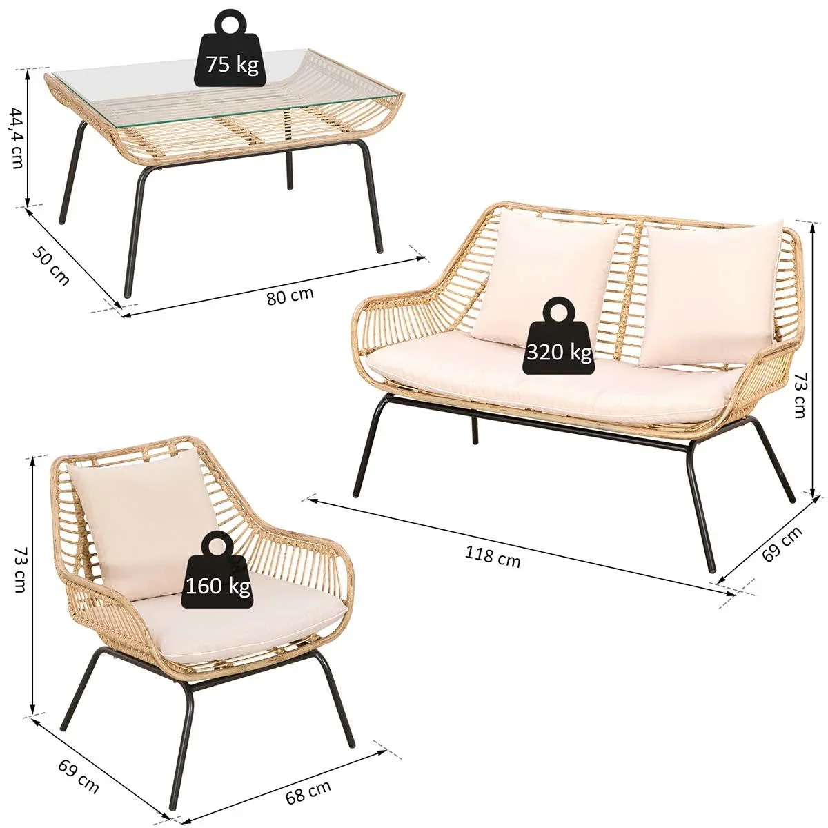 Sitzgruppe, Outdoor Sitzgarnitur, Gartenmöbel Set mit Beistelltisch, Metall, Rattan, Beige, 118 x 69 x 73 cm - 1