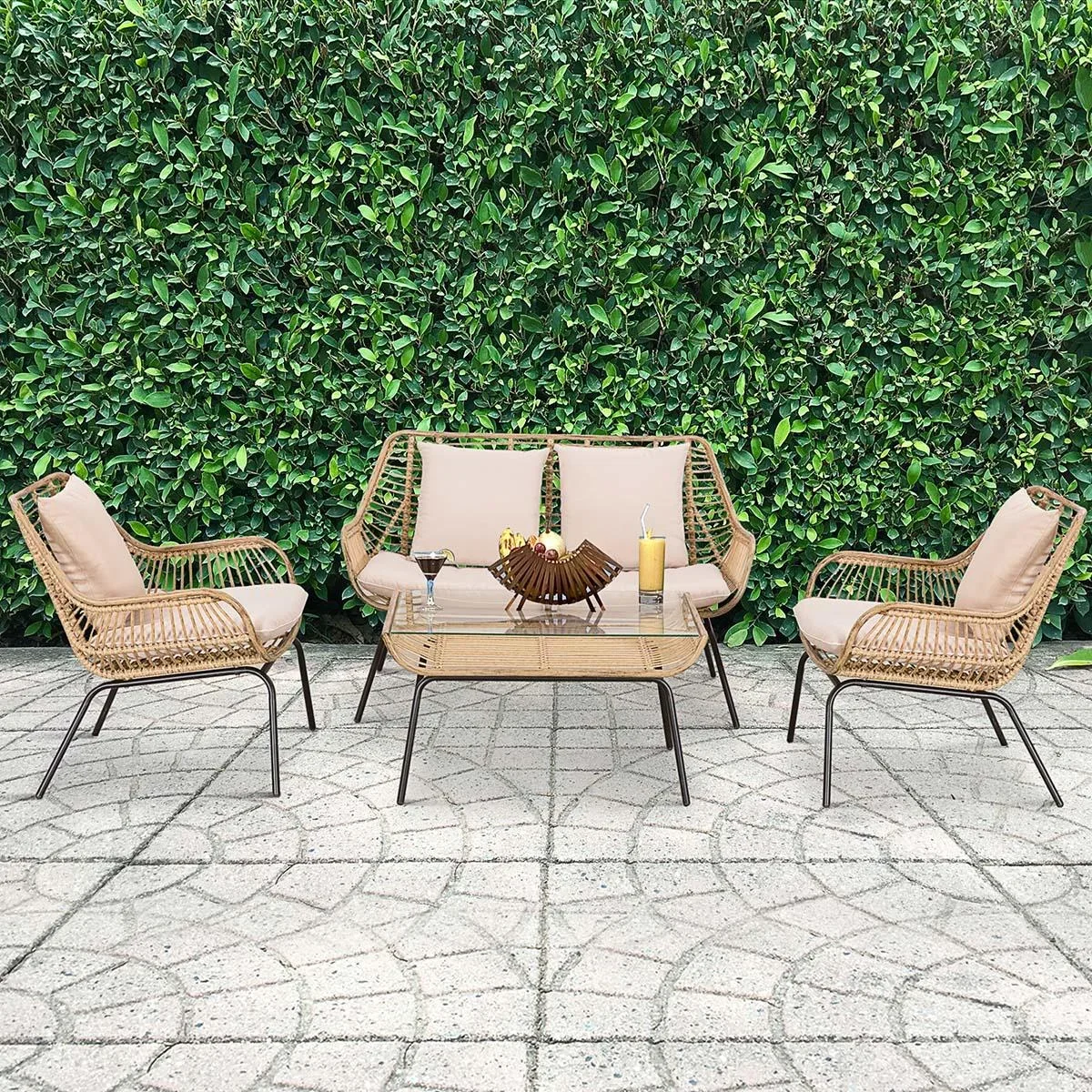 Sitzgruppe, Outdoor Sitzgarnitur, Gartenmöbel Set mit Beistelltisch, Metall, Rattan, Beige, 118 x 69 x 73 cm - 3