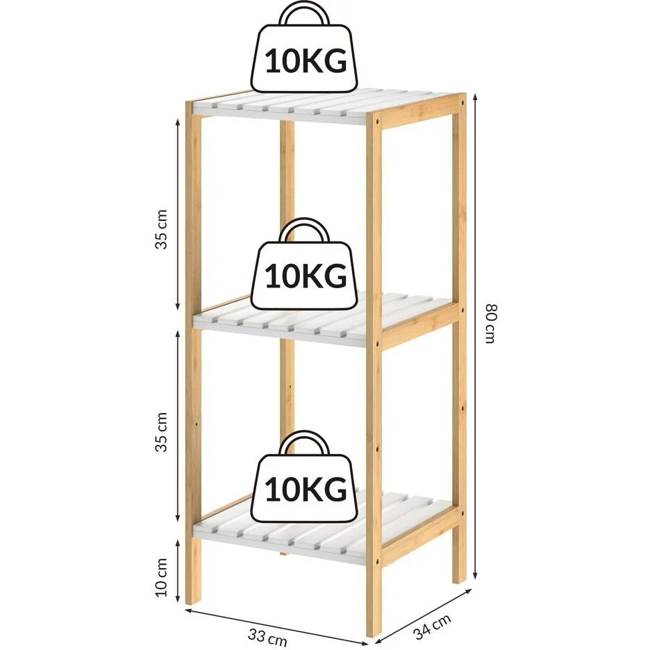 Badezimmerschrank - Bambus - 3 Einlegeböden - 80 x 34 x 33cm - Weiß - 3