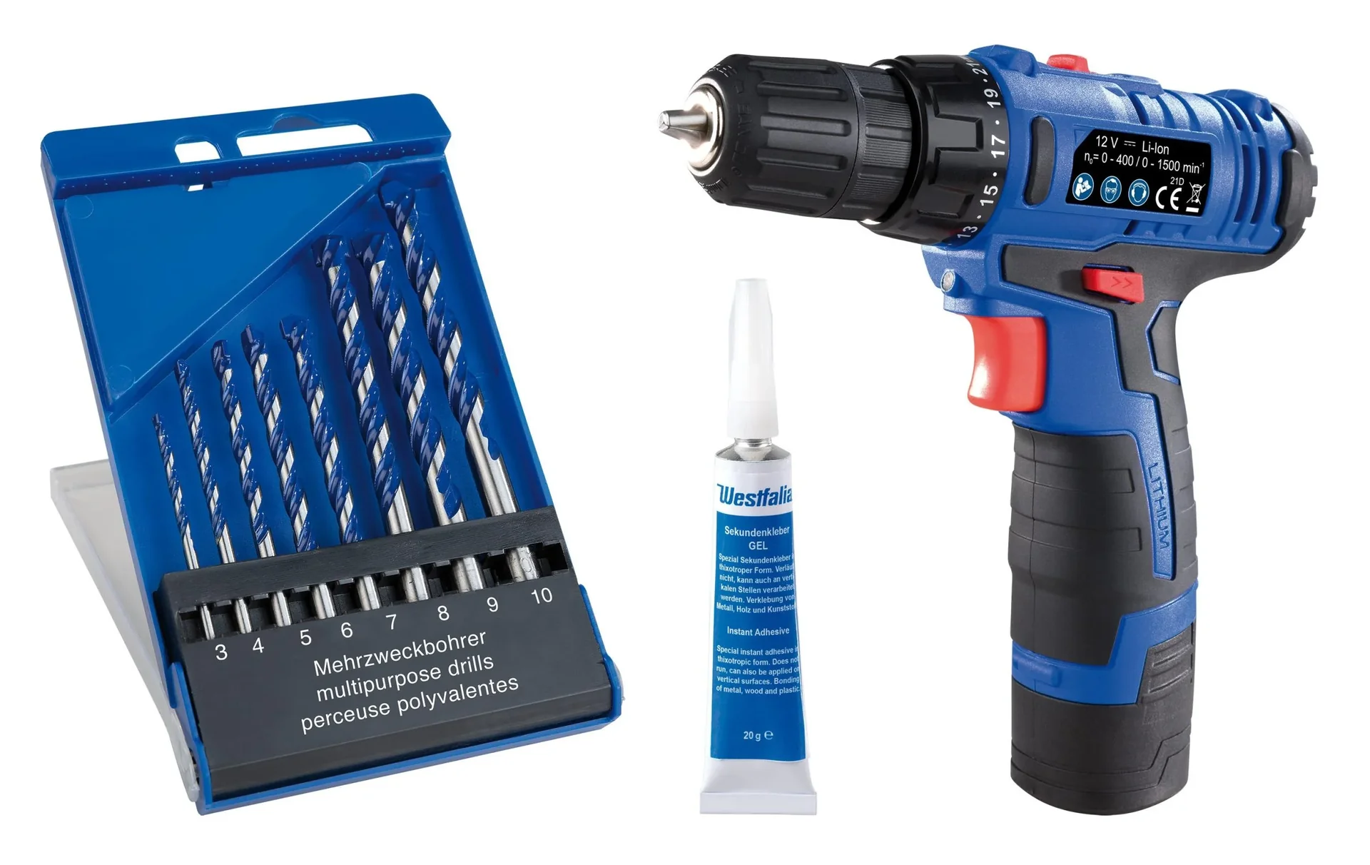 Akku-Bohrschrauber WA2BS12, 12 Volt + HM Mehrzweckbohrer Set "X-Drill Ultra", 8-teilig und Sekundenkleber Gel-Tube, 20 g - 0