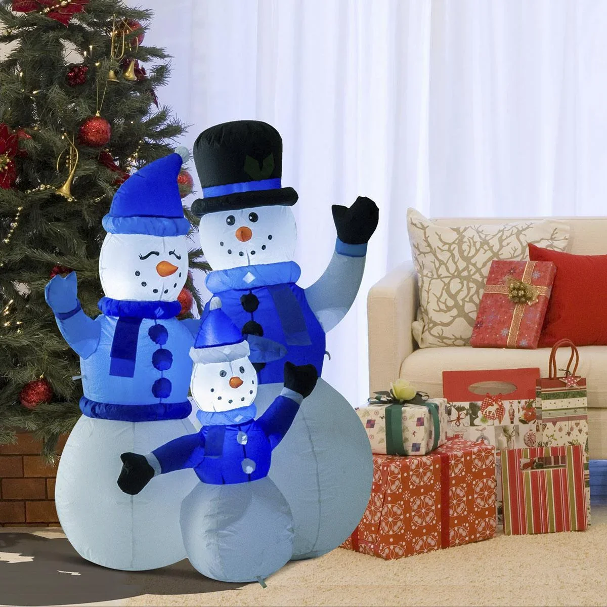 LED Schneemannfamilie aufblasbar weiß/blau - 0