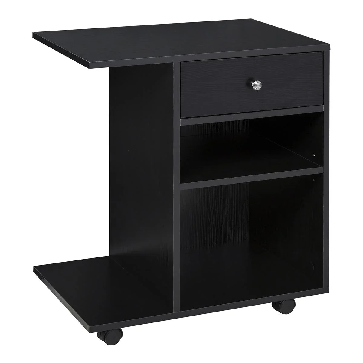 Druckertisch, Druckerständer, Bürowagen, Rollwagen mit Schublade+2 Ablagen+CPU-Ständer, Spanlatte, Schwarz, 60 x 40 x 68 - 1