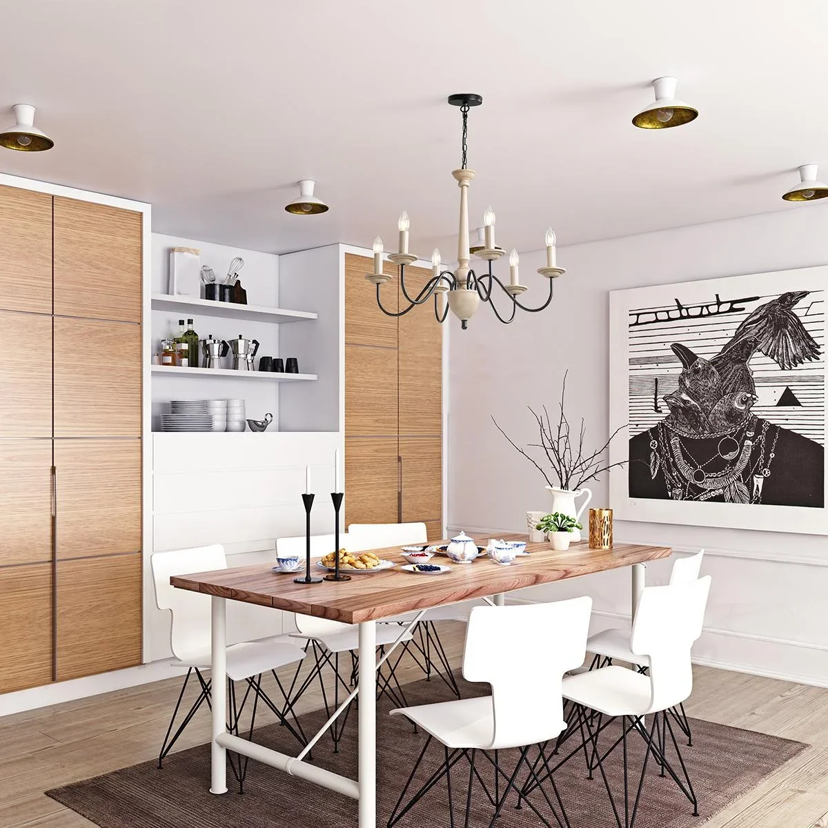 Kronleuchter Hängelampe 6-flammig Pendelleuchte mit Glas königlich traditionell klassisch mit 6 Armen, Stahl, Schwarz+Ho - 2