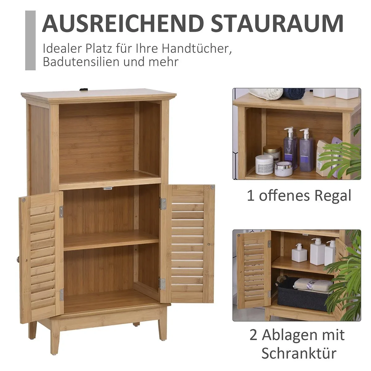 Badzimmerschrank mit offenem Regal, Badregal, Badezimmer Standregal, Bambus, Natur, 50 x 25,5 x 92 cm - 0