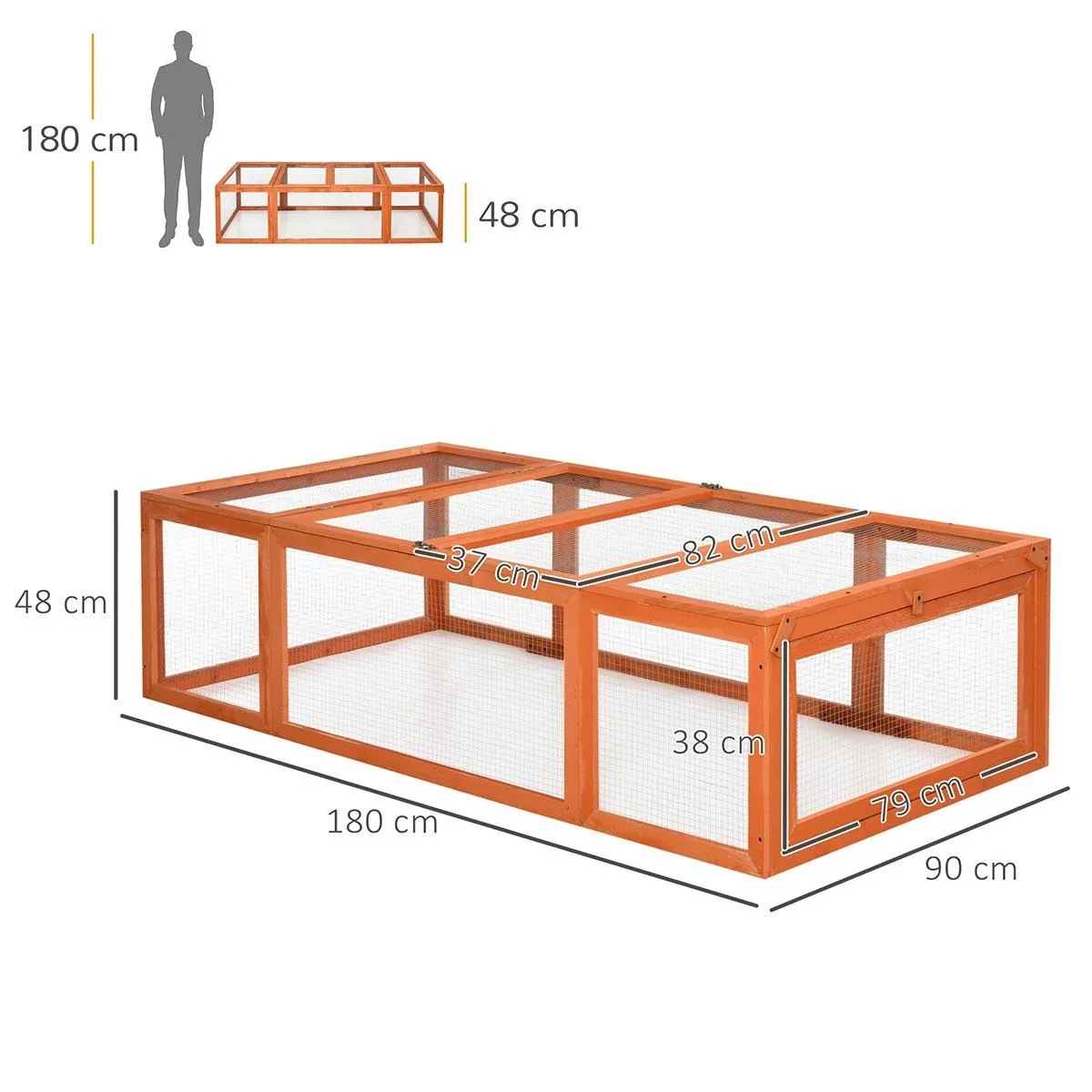 Zwergkaninchenstall mit Freilaufgehege, Kleintierstall, Massivholz, Multifunktional, Orange, 180 x 90 x 48 cm - 0