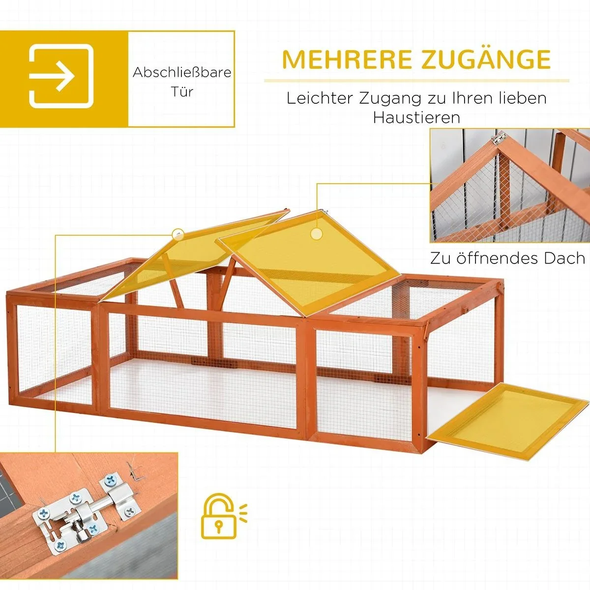 Zwergkaninchenstall mit Freilaufgehege, Kleintierstall, Massivholz, Multifunktional, Orange, 180 x 90 x 48 cm - 3