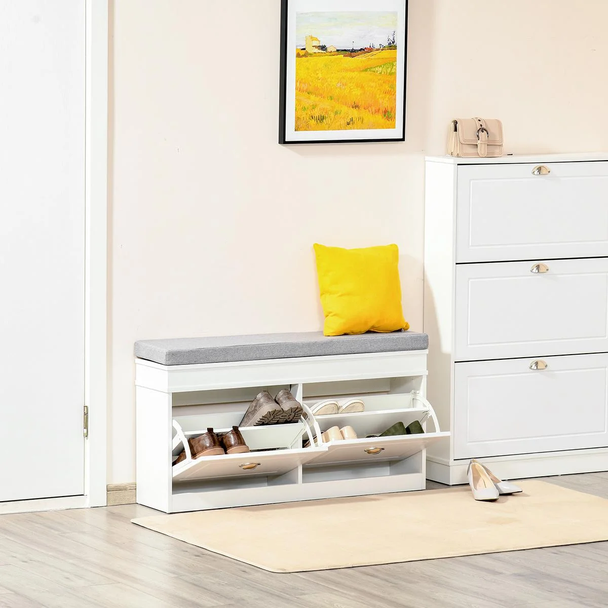Schuhregal Schuhbank mit Kissen und 2 Schubladen Spanplatte MDF Polyester Schaumstoff Weiß+Grau 104 x 24 x 55 cm - 0