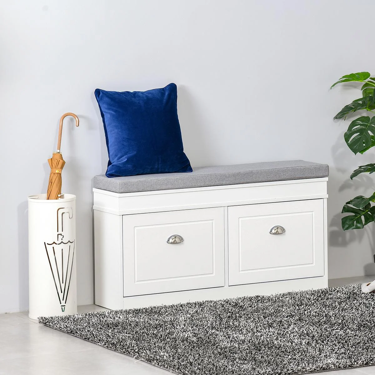 Schuhregal Schuhbank mit Kissen und 2 Schubladen Spanplatte MDF Polyester Schaumstoff Weiß+Grau 104 x 24 x 55 cm - 1