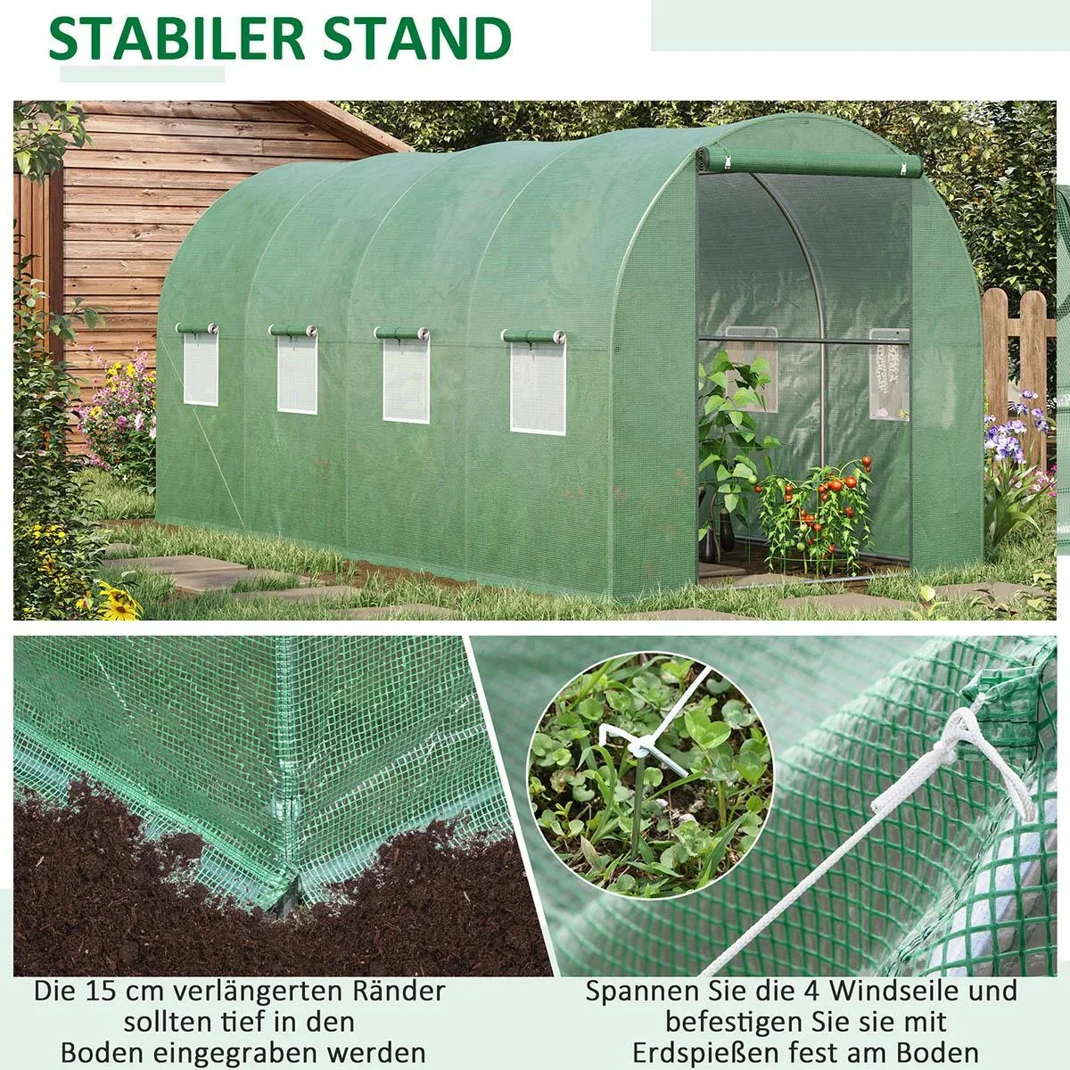 Foliengewächshaus begehbares Gewächshaus 4 x 2 m Polytunnel Folientunnel Treibhaus Frostschutz Stahlrohr Dunkelgrün - 1