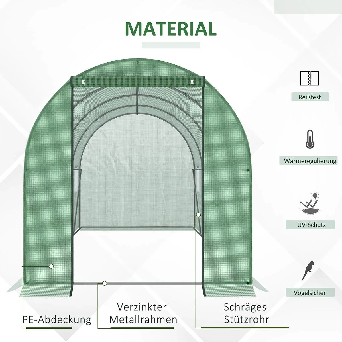 Foliengewächshaus begehbares Gewächshaus 4 x 2 m Polytunnel Folientunnel Treibhaus Frostschutz Stahlrohr Dunkelgrün - 2