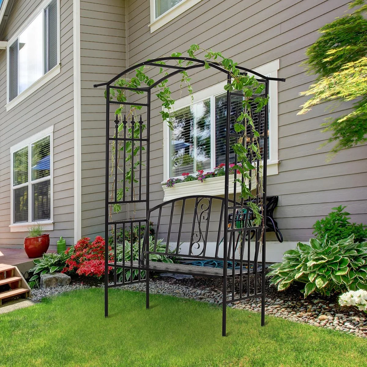 Pflanzbogen mit Sitzbank Bank Torbogen Rankgitter Rankhilfe Garten Bogendach Metall Schwarz 152 x 58 x 207 cm - 0